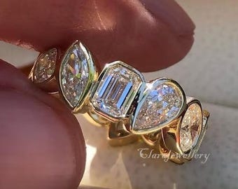Multi Shape Bezel Set Engagement Band, Multi Stone Moissanite Wedding Band, 14K Solid Gold Stacking Full Eternity Anniversary Band.