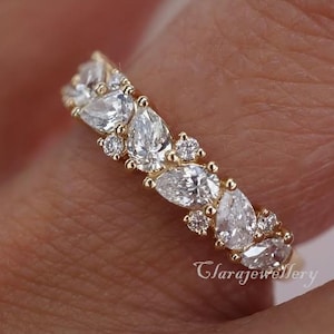 Moissanite Wedding Band: Pear & Round Cluster, 14K Gold Stackable Ring