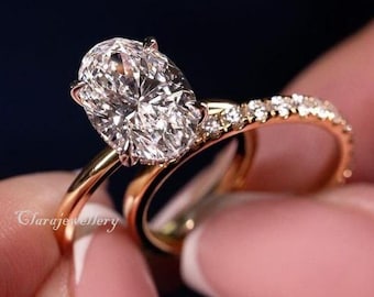 Oval Moissanite Engagement Ring Set, 3 CT Solitaire Pave Band Ring, 14K Solid Gold Oval Diamond Ring, Minimal Wedding Ring, Gift For Her.