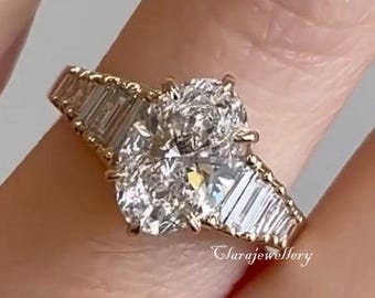 3 CT Oval Moissanite Engagement Ring Baguette Pave Set Ring 14K Solid Channel Set Wedding Ring Unique Oval Anniversary Gifts For Women.