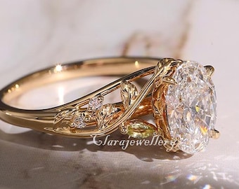 Vintage 2.5 CT Oval Moissanite Engagement Ring Nature Inspired Floral Style Ring 14K Solid Gold Wedding Ring Unique Anniversary Gifts Women.