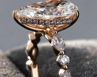 2.5 Ct Pear Moissanite Hidden Halo Ring, 14K Gold Engagement Ring, Solitaire Wedding Ring, Teardrop Anniversary Gift