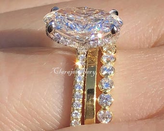 Oval Bridal Wedding Ring Set Oval Trio Bridal Set 14K Solid Gold With Round Full Eternity Band and Thin Wedding Band Promise Ring For Women