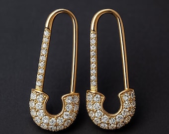 Gold Safety Pin Earrings, Moissanite Pave Safety Pin Hoop Earrings, 14K Gold Dangle Earrings, Unique Statement Earrings Gift for Her