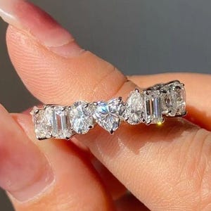 Multi Shape Lab Grown Diamond Wedding Band, Mixed Cut Diamond Full Eternity Band, 14K Gold Wedding Ring, Stackable Bridal Band For Woman.