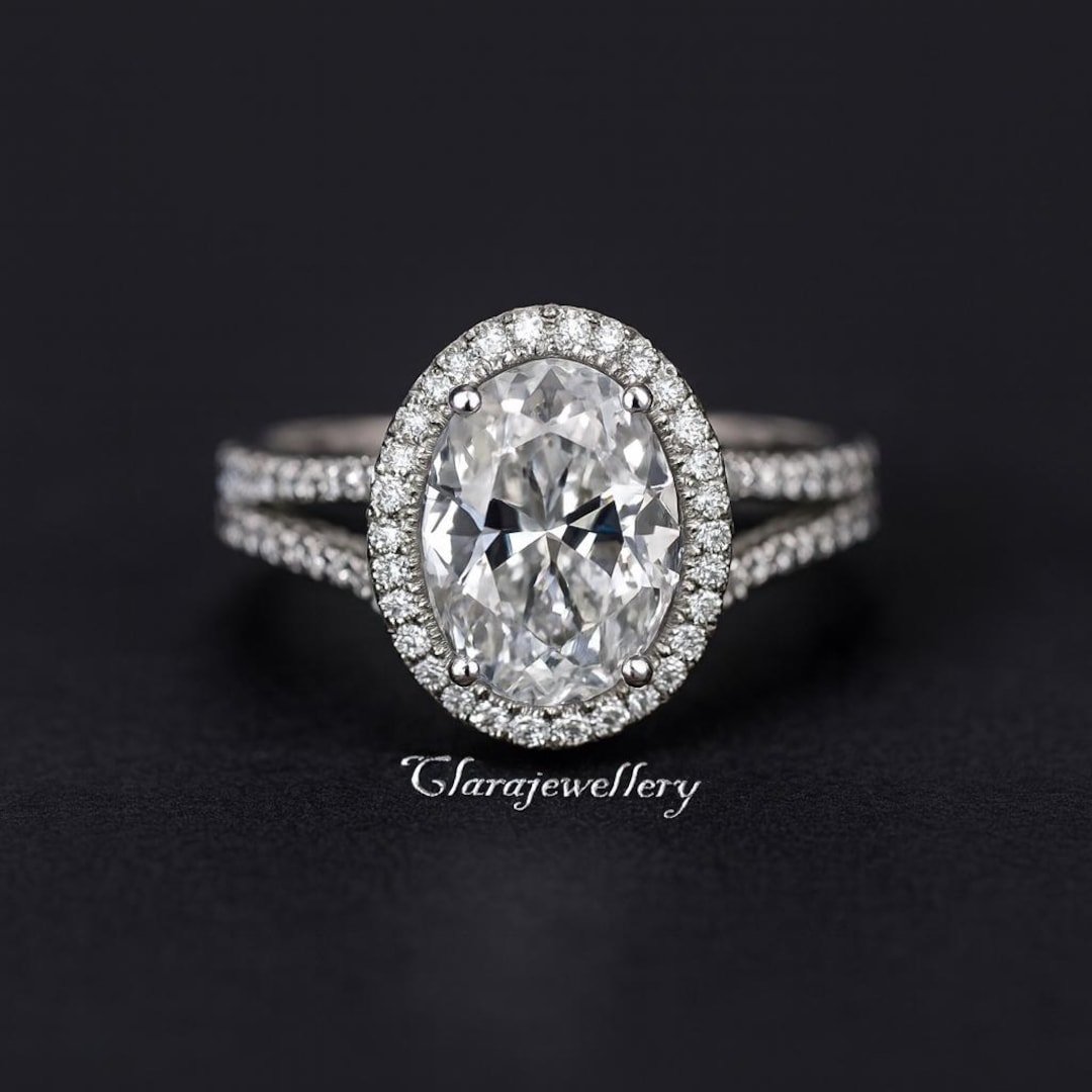 Oval Moissanite Engagement Ring, 14K Gold Halo Split Shank Ring, Oval ...
