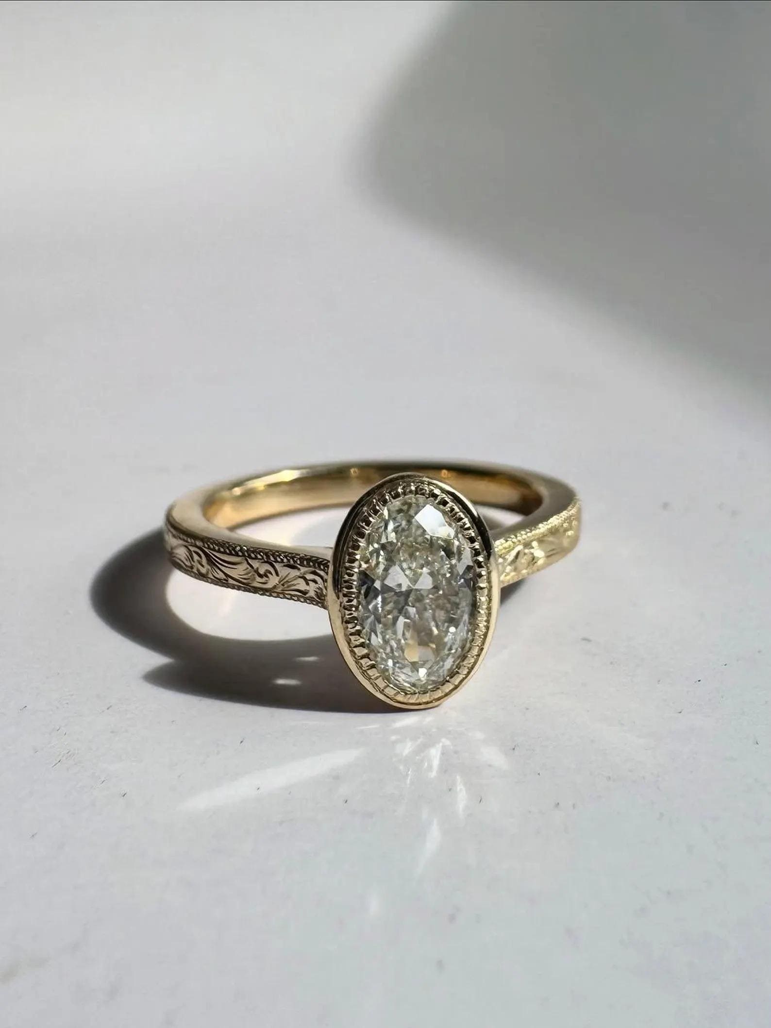 Vintage 2 CT Oval Cut Moissanite Engagement Ring, Bezel Set 14K Solid ...
