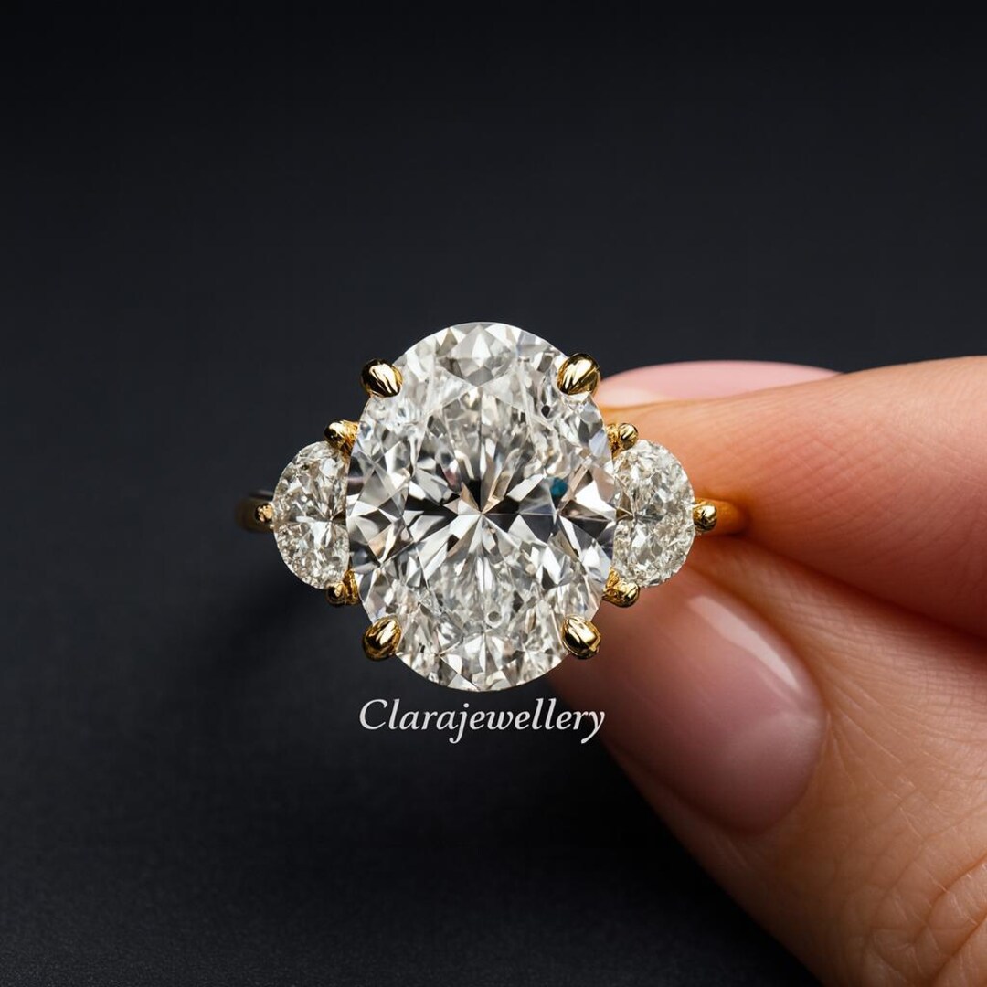 Three Stone Oval Cut Engagement Ring, 3 CT Oval Moissanite Ring Unique ...