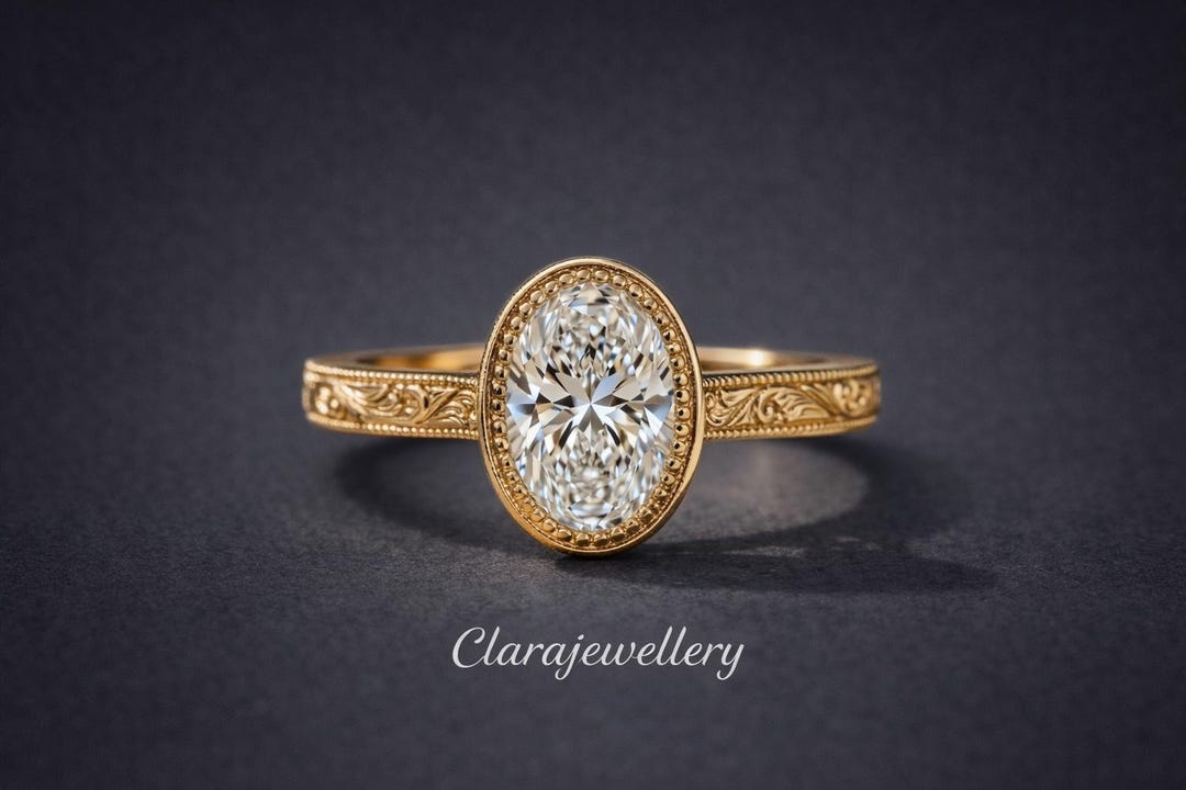 Vintage 2 CT Oval Cut Moissanite Engagement Ring, Bezel Set 14K Solid ...