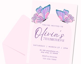 Editable Butterfly Birthday Invitation, Pink Floral Girl Party Invite (Digital Download)