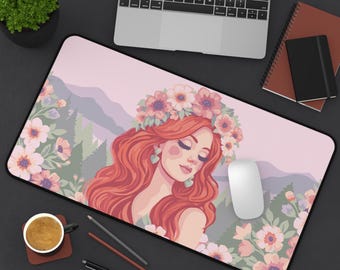 Among the Mountains Desk Mat | Floral Crown Portrait | Pastel PNW Art Desk Pad