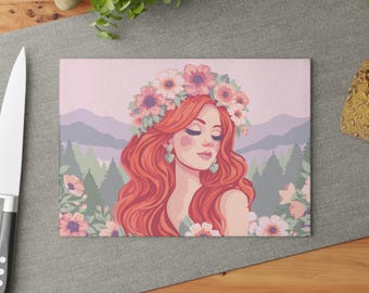 Among the Mountains Glass Cutting Board | Floral Crown Portrait | Pastel PNW Art Kitchen Decor