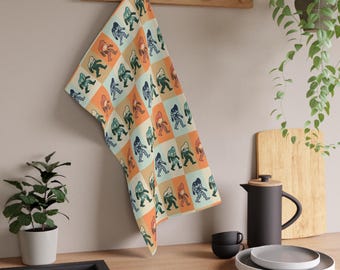 Retro Bigfoot Repeat Pattern Tea Towel | Vintage Sasquatch Print