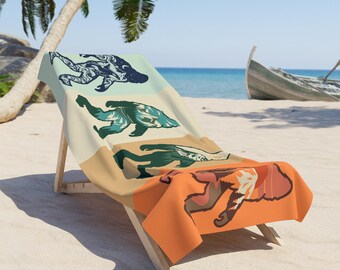 Retro Sasquatch Sunset Beach Towel | Vintage Bigfoot Panels