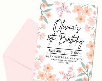 Floral Birthday Invitation, Editable Spring Flower Party Invite (Digital Download)