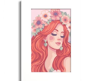 Floral Crown Woman Art Print | Pastel Portrait, Boho Illustration (Framed)