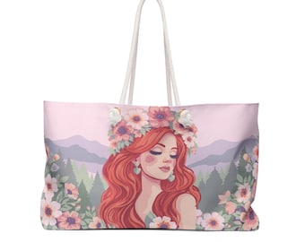 Among the Mountains Weekender Bag | Floral Crown Portrait | Pastel PNW Art Travel Bag