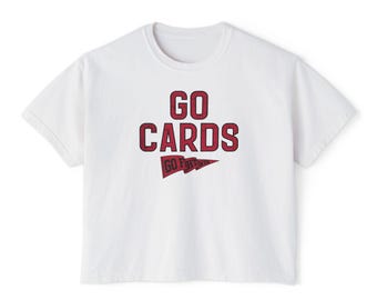 Go Cards Pennant Logo Crop Tee | White Boxy T-Shirt | Crimson & Black Spirit Wear