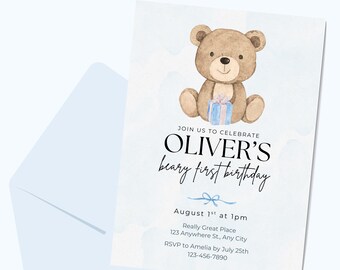 Editable Teddy Bear First Birthday Invitation + Thank You Card + Instant Download | Printable & Mobile Friendly