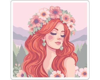 Among the Mountains Sticker | Floral Crown Portrait | Pastel PNW Art Kiss Cut Sticker
