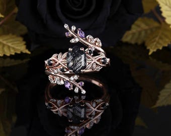 Vintage zeshoekige zwarte rutielkwarts verlovingsring roségouden wijnstokbladring op de natuur geïnspireerde ringset verbeterde bruiloft bruidsringset