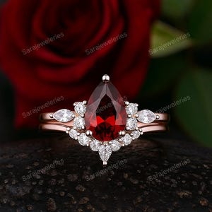 Pear Cut Garnet Engagement Proposal Ring Set Moissanite Cluster Promise Ring Set Art Deco Statement Garnet Ring Wedding Anniversary Ring Set
