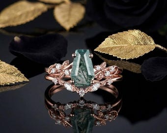 Conjunto único de anillos de boda de ágata musgosa con corte en forma de escudo. Anillo inspirado en la naturaleza. Anillo de boda. Anillo de rama con forma de hoja. Anillo de compromiso. Anillo de promesa.