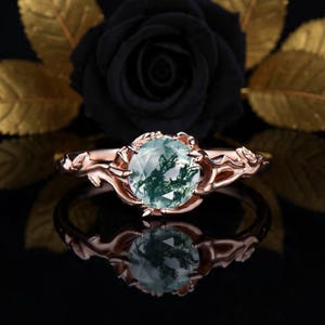 Art Deco Round Moss Agate Engagement Ring Rose Gold Green Moss Agate Wedding Ring Branch Leaf Ring Nature Inspired Ring Unique Proposal Ring