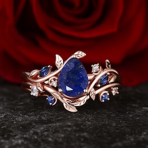 Unique Pear Cut Blue Sapphire Engagement Proposal Ring Set Nature Inspired Floral Ring Dainty Bridal Promise Ring Wedding Anniversary Ring.