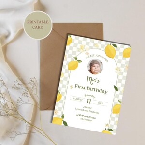 Convite de Aniversário – Cartão de Aniversário de Limão para Imprimir – 6 Formatos – 1º Aniversário – Modelo Canva Editável – Festa Cítrica – 5x7 para Imprimir