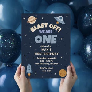 Invitación de cumpleaños espacial editable / Plantilla de tarjeta de primer cumpleaños / Invitación de Canva / Tamaños imprimibles / Tema de fiesta "Blast Off"