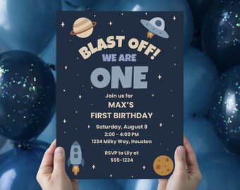 Editable Space Birthday Invitation | 1st Birthday Card Template | Canva Invite | Printable Sizes | Blast Off Party Theme