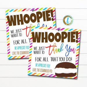 Whoopie Pie Thank You Gift Tags, Tydzień doceniania Nauczyciele Pielęgniarki, Pracownik Wolontariusz Tort Pie Ciasteczko Przysmak Tag, DIY Edytowalny Szablon