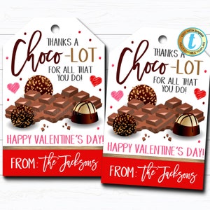 Valentine Chocolate Candy Gift Tags, Thanks a Choco-Lot, Staff Employee Teacher Appreciation Favor Tag, School Pto Pta DIY Editable Template