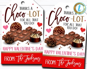 May include: Two Valentine's Day gift tags with a chocolate theme. The tags feature the words "Choco-LOT" and "Happy Valentine's Day!" along with illustrations of chocolate bars, truffles, and a heart. The bottom of the tag reads "From: The Jacksons."