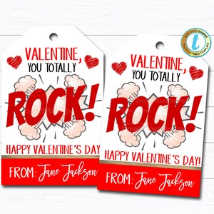 Etiquetas de presente de Valentine You Rock, amigo Valentine, etiqueta de doces de rock em sala de aula, funcionários de professores de escola de música, modelo editável DIY