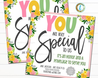 May include: A pink and green floral design business card with the text "You are very special to us. It's an honour and a privilege to serve you." The card also includes a business name, phone number, and email address.