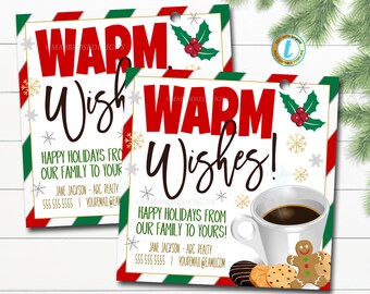 May include: Two red and green striped Christmas gift tags with the text "Warm Wishes!" and "Happy Holidays from our family to yours!"  The tags feature a holly sprig, snowflakes, and a cup of coffee with cookies.
