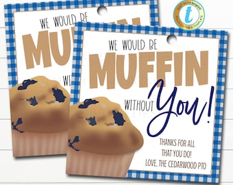 We Would Be Muffin Without You Thank You Appreciation Week Gift Tags, Teacher Staff Employee Nurse Volunteer, School PTO, Editable Template