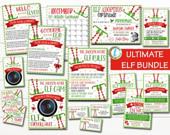May include: A printable set of elf-themed Christmas printables for kids. The set includes a welcome sign, elf adoption certificate, elf report card, elf rules, elf cam, and elf goodbye note. The printables are decorated with green and red colors and feature elves with green hats and red shoes.