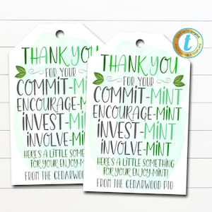 Etichette di ringraziamento menta, etichette menta volontarie, regalo di ringraziamento, regalo di apprezzamento per l'insegnante del personale della scuola pto pta, modello modificabile fai da te