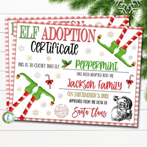 Elf adoptiecertificaat afdrukbaar, Kerst Kids Holiday Elf Ideeën Activiteit, December Familie Elf Aankomstcertificaat, BEWERKBARE SJABLOON