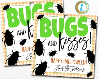 Etiquetas de regalo de Halloween de Bugs & Kisses, etiquetas de favor de cumpleaños de Halloween, etiquetas de truco o trato imprimibles, etiqueta de Halloween para niños, plantilla editable de bricolaje