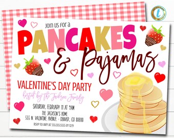 Valentine Pfannkuchen und Pyjamas Einladung, bearbeitbare Pfannkuchen & Pyjamas Geburtstagsparty, Valentine Brunch Frühstück Schule Klassenzimmer Vorlage