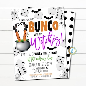 May include: A Halloween-themed Bunco party invitation with a witch's legs sticking out of a cauldron. The invitation features a black spider, bats, and dice. The text reads "Join us for some Bunco with my Witches! Let the spooky times roll! at the Andrew's home October 30 at 6:00PM 555 North Bunco Ave. Denver, CO 88888 Bring an appetizer to share | Costumes required RSVP to Amy at 555.555.5555 by March 10"