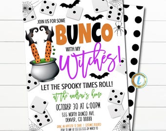 May include: A Halloween-themed Bunco party invitation with a witch's legs sticking out of a cauldron. The invitation features a black spider, bats, and dice. The text reads "Join us for some Bunco with my Witches! Let the spooky times roll! at the Andrew's home October 30 at 6:00PM 555 North Bunco Ave. Denver, CO 88888 Bring an appetizer to share | Costumes required RSVP to Amy at 555.555.5555 by March 10"