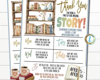Storybook Theme Teacher Appreciation Week Itinerary, Part of Our Story, School Pto Pta Employee Volunteer Schedule Events, EDITABLE TEMPLATE
