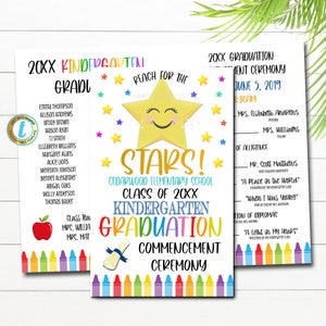 May include: A graduation invitation for a kindergarten class. The invitation features a yellow star with a smiling face, surrounded by colorful stars. The text "Reach for the Stars!" is written above the star. The text "Cedarwood Elementary School Class of 20XX Kindergarten Graduation Commencement Ceremony" is written below the star. The invitation is decorated with colorful crayons.