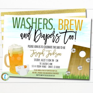 May include: An invitation with the text "Washers, Brew and Diapers too!" features a beer mug, a diaper, and a cornhole board. The invitation is for a celebration for Joseph Jackson, with the date, time, and location details.