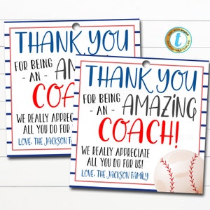 Baseball Coach Gift Tag, School Sports Team Appreciation, Thank You to an Amazing Coach, End of Season T-ball Printable, Editable Template